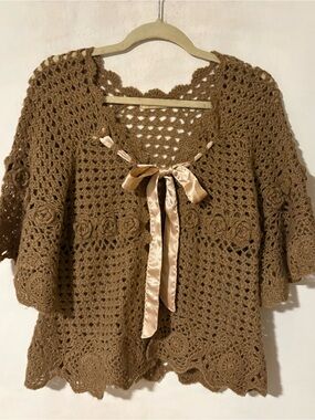 Handcrafted Crochet Ribbon-Tie Cardigan in Brown